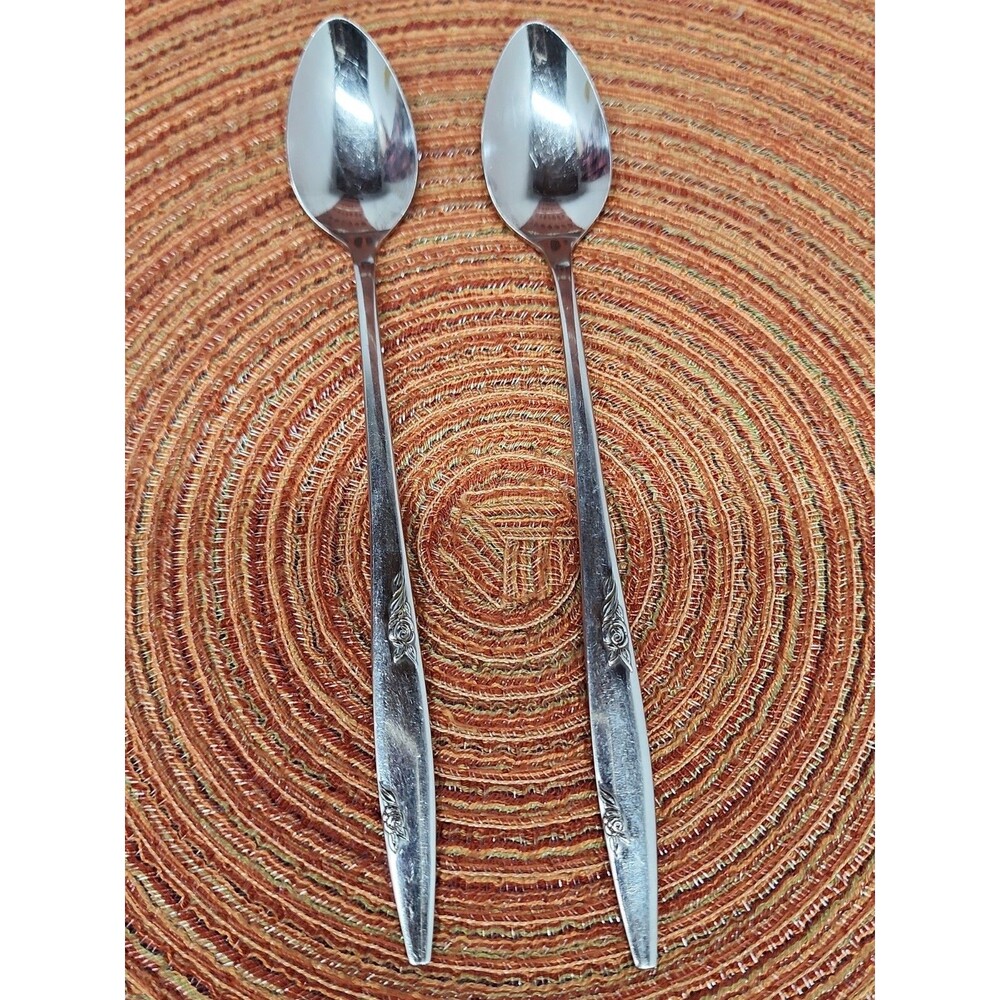 Oneida Ltd. "Rose Duet" Stainless Set Of 2 Iced Tea Spoons 1994 Made In The USA